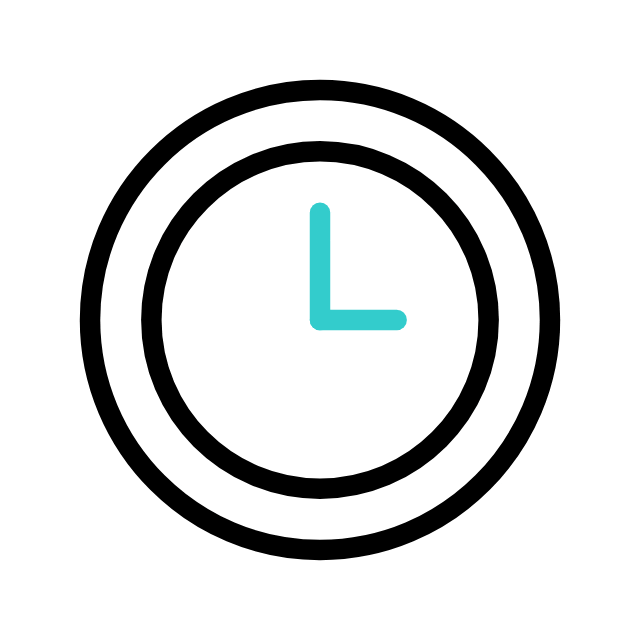 A simple black and turquoise clock icon showing the time as 3:00, with a circular outline and minimalist design.