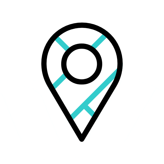 A black location pin icon with a teal map and X marking a spot in the background.