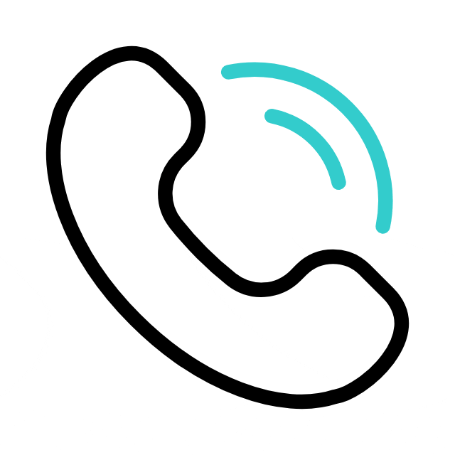 Black outline of a classic telephone handset with blue curved lines indicating sound or signal, on a white background.